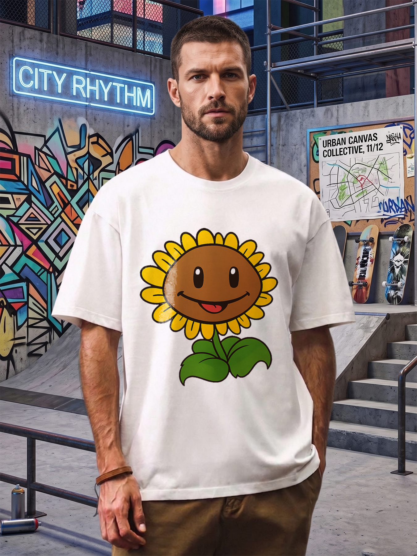 Men's Printed T-Shirt Sunflower Face Design Happy Smile Graphic Casual Round Neck Summer Lightweight Breathable Short Sleeve Tee for Outdoor Activities and Daily Wear Adults