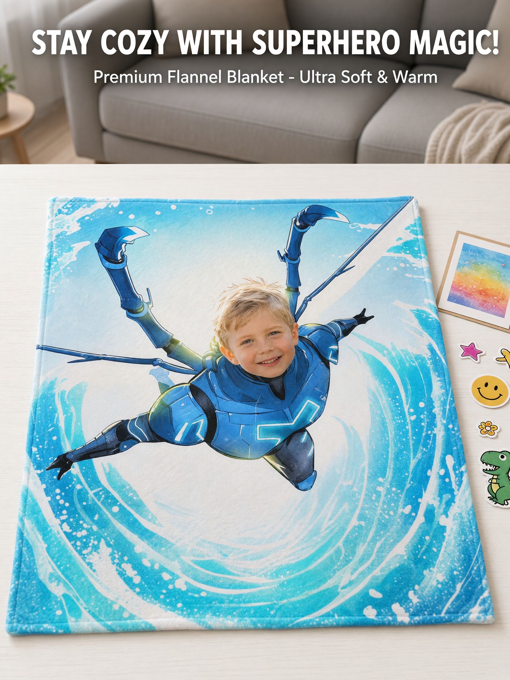 Custom Superhero Photo Flannel Throw Blanket Personalized Face Portrait Cozy Fleece Bedding for Kids and Adults Gift