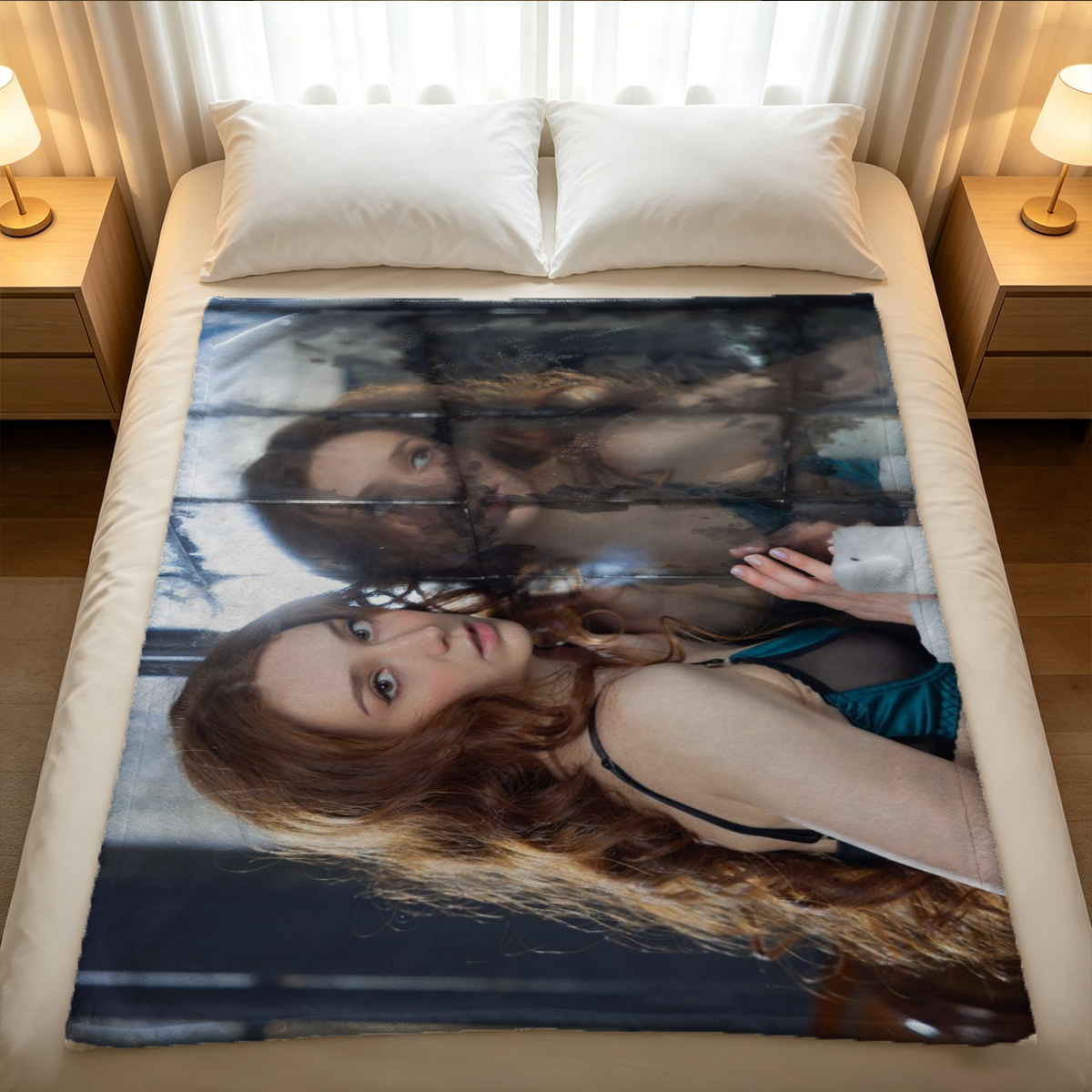 Two beautiful women in sheer lingerie, one standing and fondling her breasts while the other sits on a wooden chair kissing her body in a flower-filled romantic studio. - Blanket
