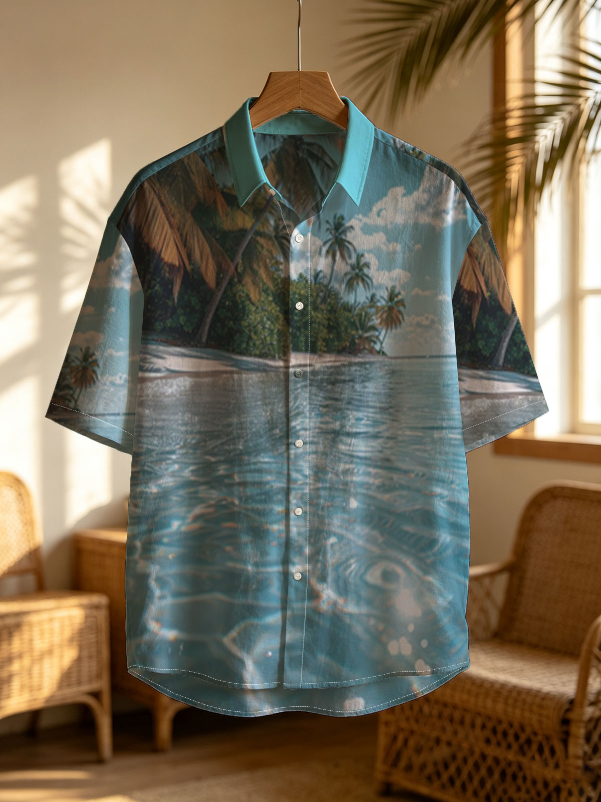 Crystal-clear waters lap against a serene tropical beach lined with swaying palm trees under a bright blue sky. -  Shirt