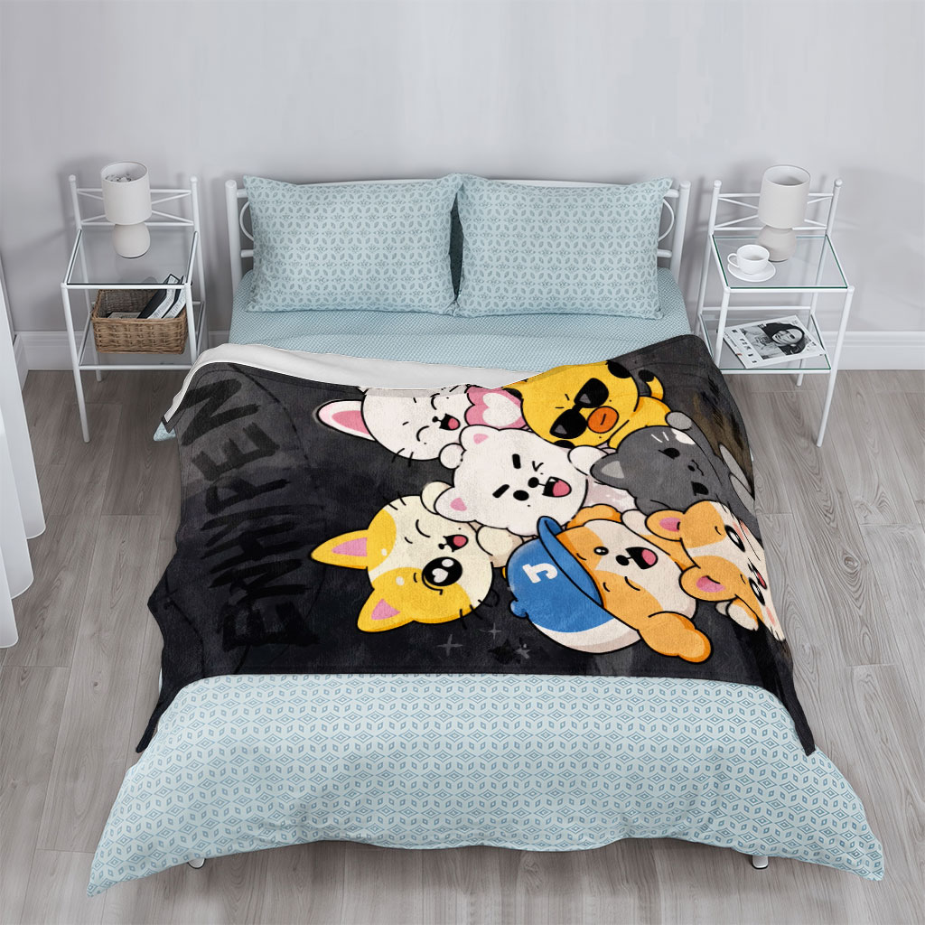 ENHYPEN Cute Cartoon Cats Group Pose on Dark Background Wallpaper - Blankets