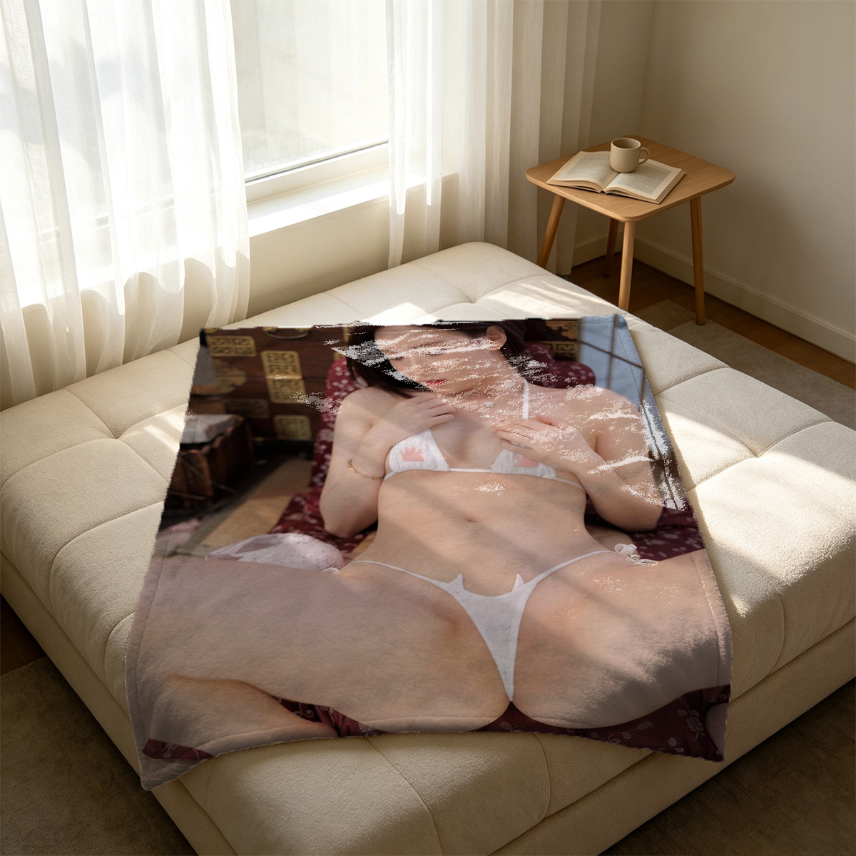 A young Asian woman in pink lace lingerie kneeling seductively on a marble floor. - Blanket
