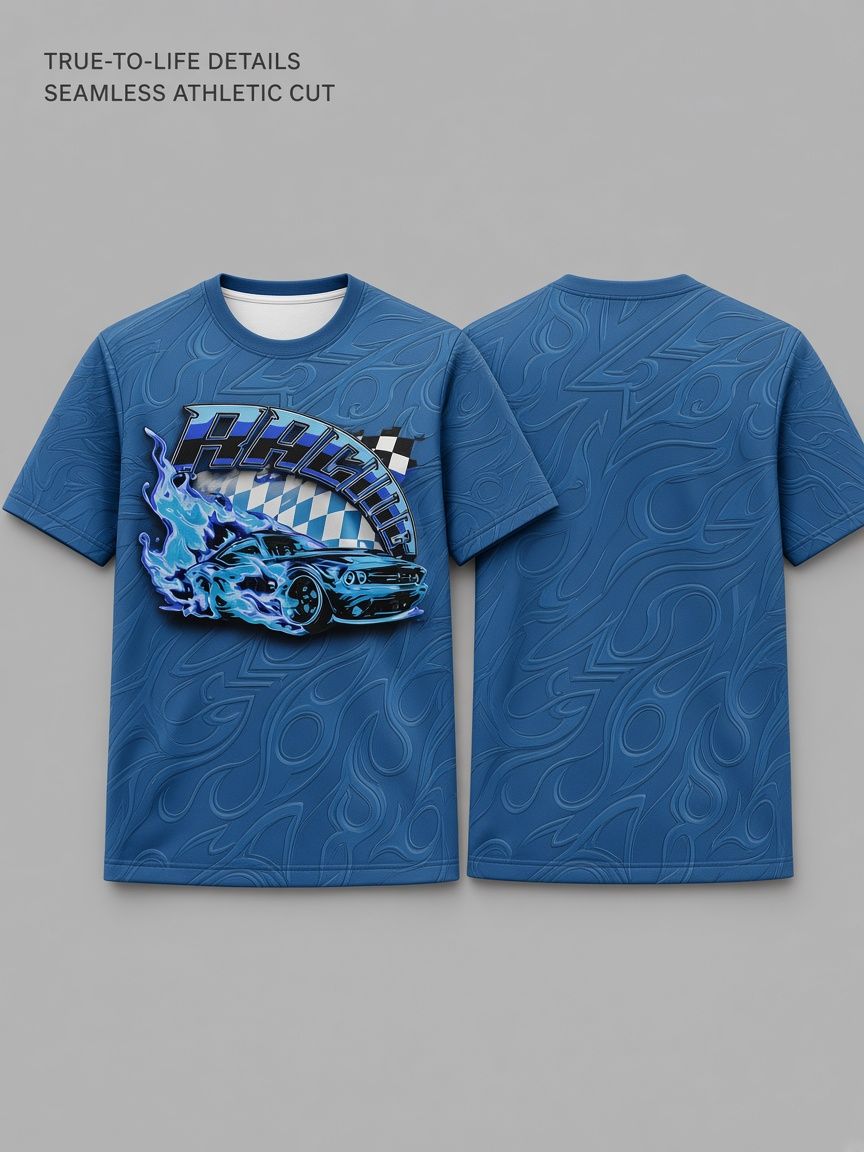 Blue Flame Racing Car 3D Optical Illusion Graphic Tee Breathable Athletic Mesh T-Shirt Casual Sports Wear