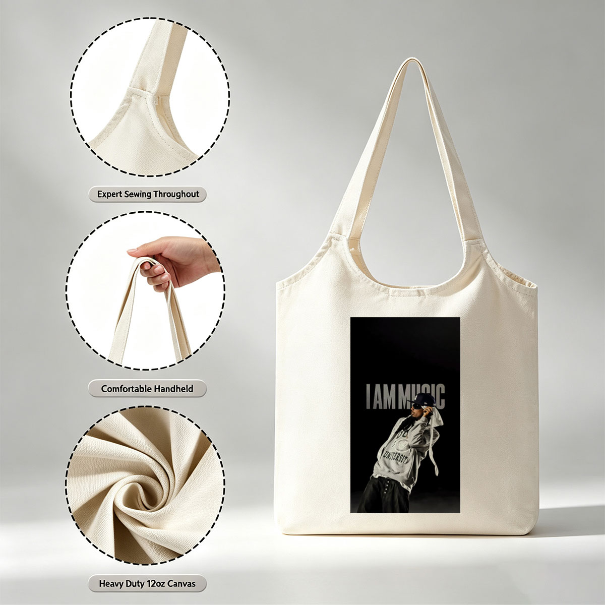 IamMusic Artist in Stylish Pose Wearing Hoodie and Cap Against Dark Background - Canvas shoulder bags/