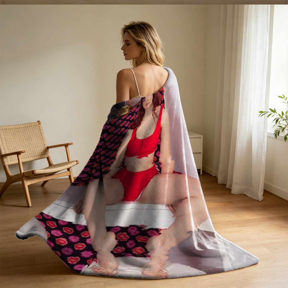 Red Lingerie Tease by the Window - Blanket