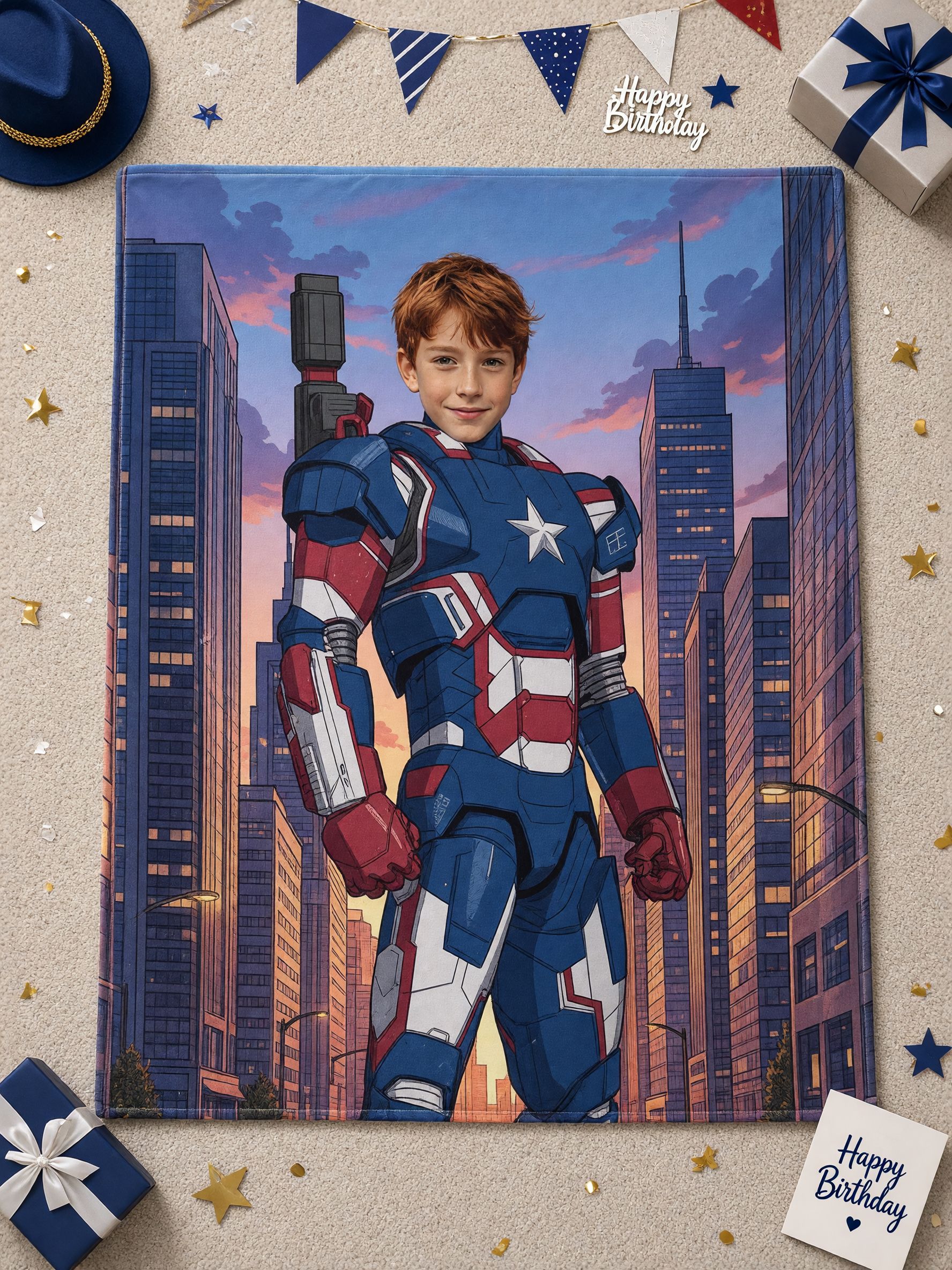 Custom Photo Face Blanket, Personalized Superhero Armor Flannel Throw, Ideal Cozy Gift for Kids and Teens