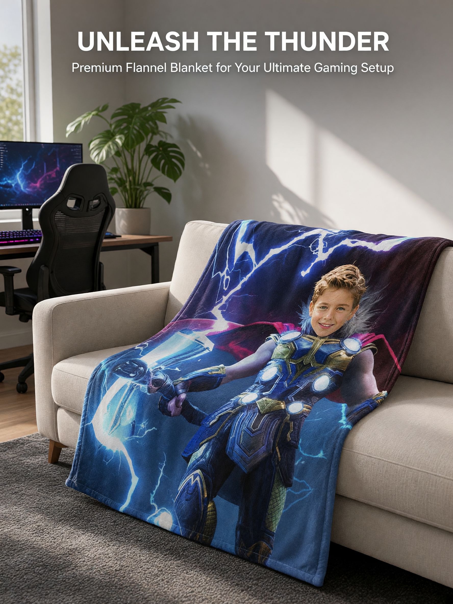 Personalized Face Superhero Flannel Blanket, Custom Photo Lightning Hero Throw for Kids and Adults, Cozy Bed Couch Gift