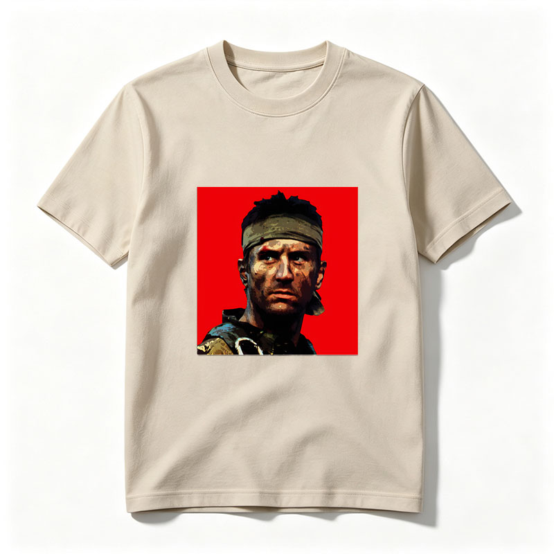 John McClane in Die Hard, intense action hero with headband and rugged look against red background - Tee