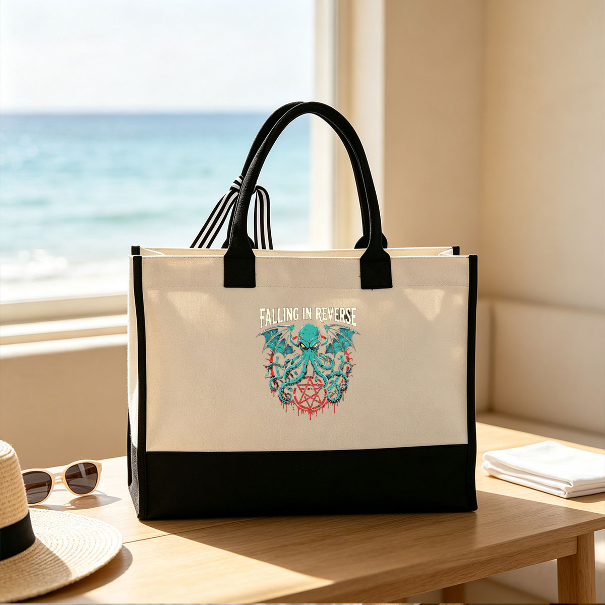 Falling in Reverse: Octopus with Bat Wings and Pentagram - Canvas patchwork gift tote bag