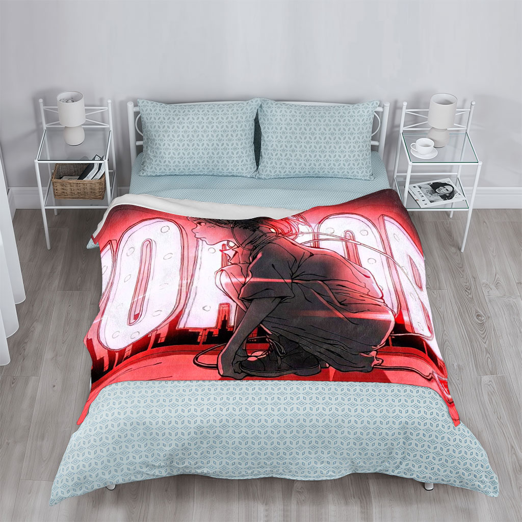 Billie Eilish in a Neon Sign Scene - A Young Woman Lying Against a Glowing 