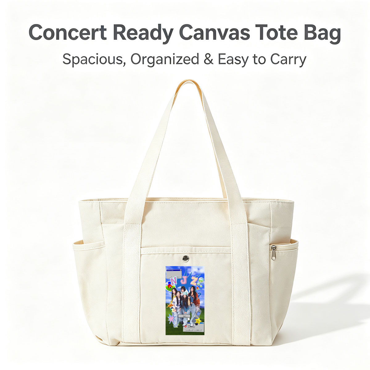 NewJeans Group Photo with Retro Game Interface and Colorful Elements - Multi-pocket bags