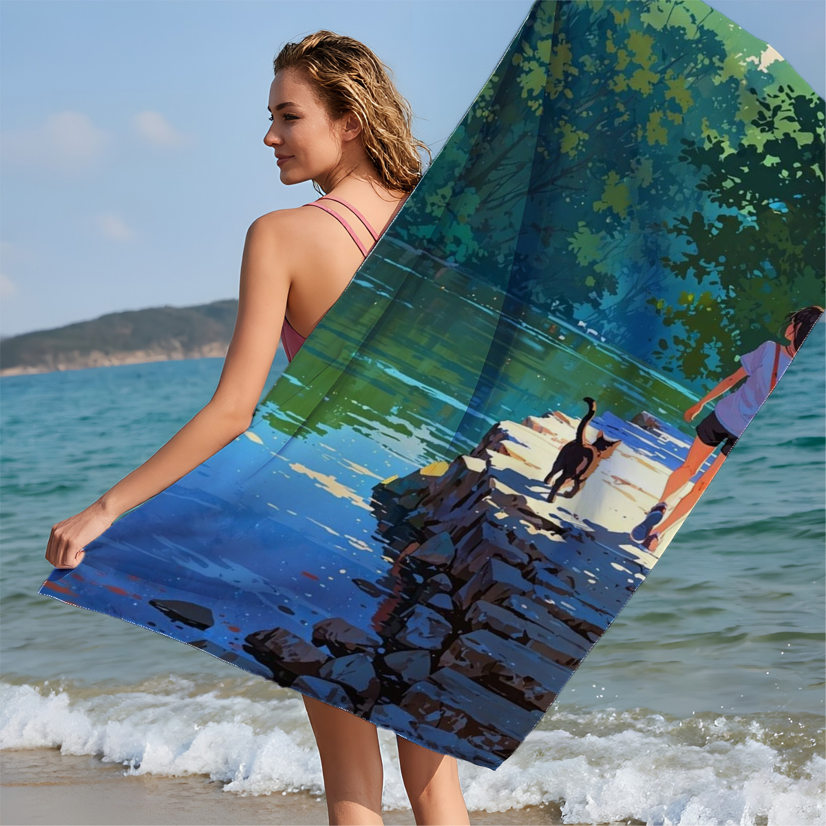 Girl and cat walking by a serene lakeside path - Beach towels