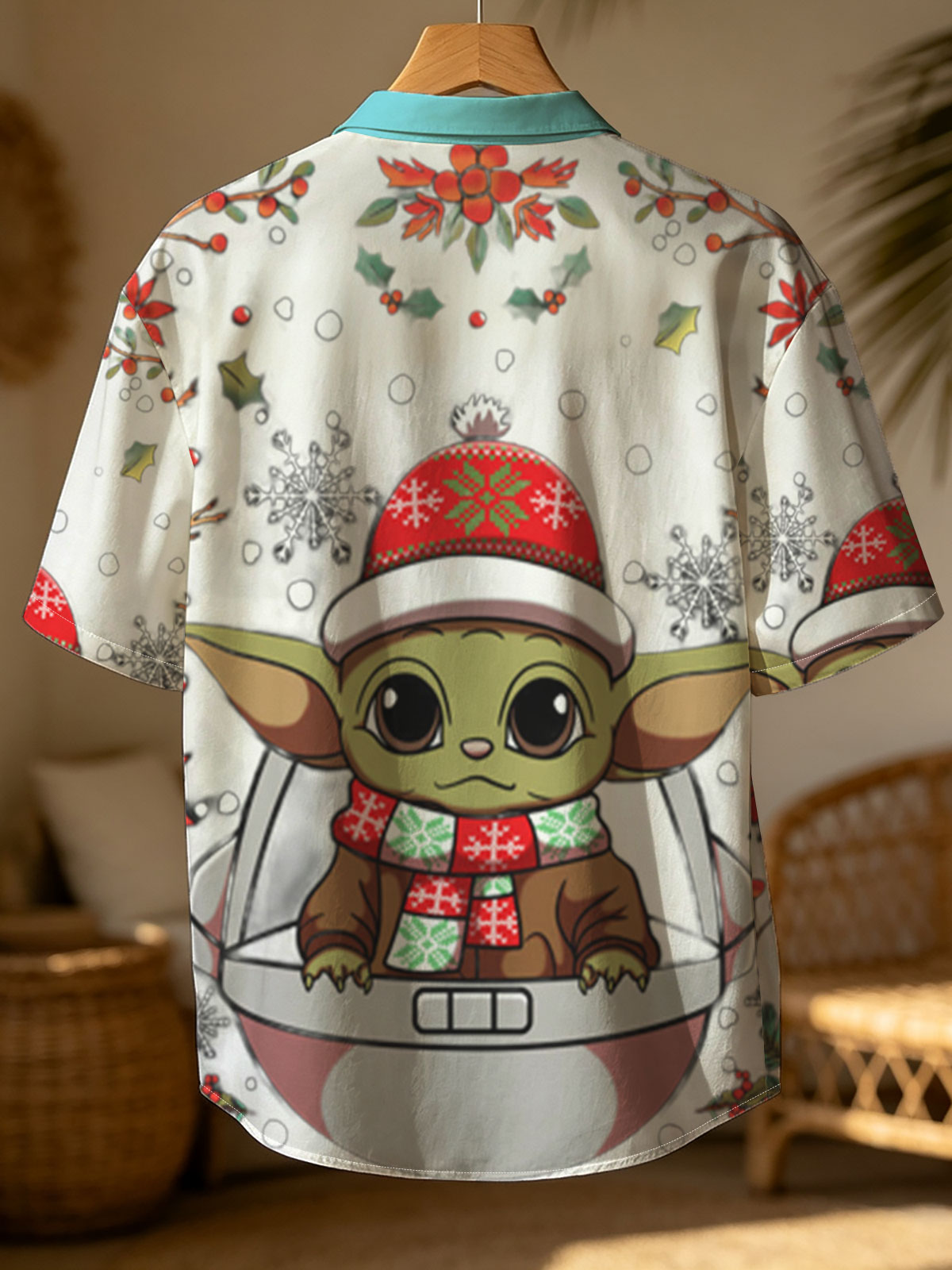 Baby Yoda in Christmas Hat and Scarf, Surrounded by Holiday Decorations -  Shirt