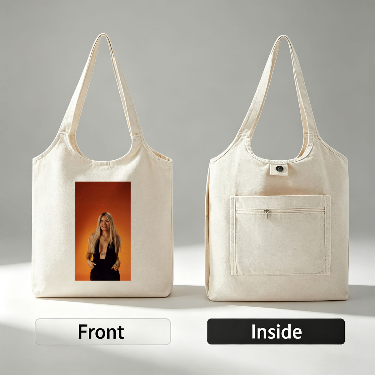 Bebe Rexha in a Bold Black Outfit Against a Vibrant Orange Background, Smiling with Confidence - Canvas shoulder bags/