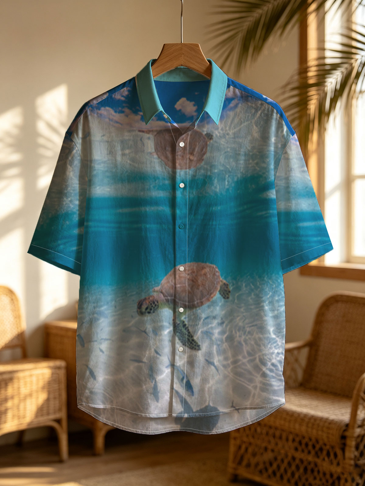 Sea turtle swims gracefully in clear blue water with fish below, sunlight filtering through the surface. -  Shirt