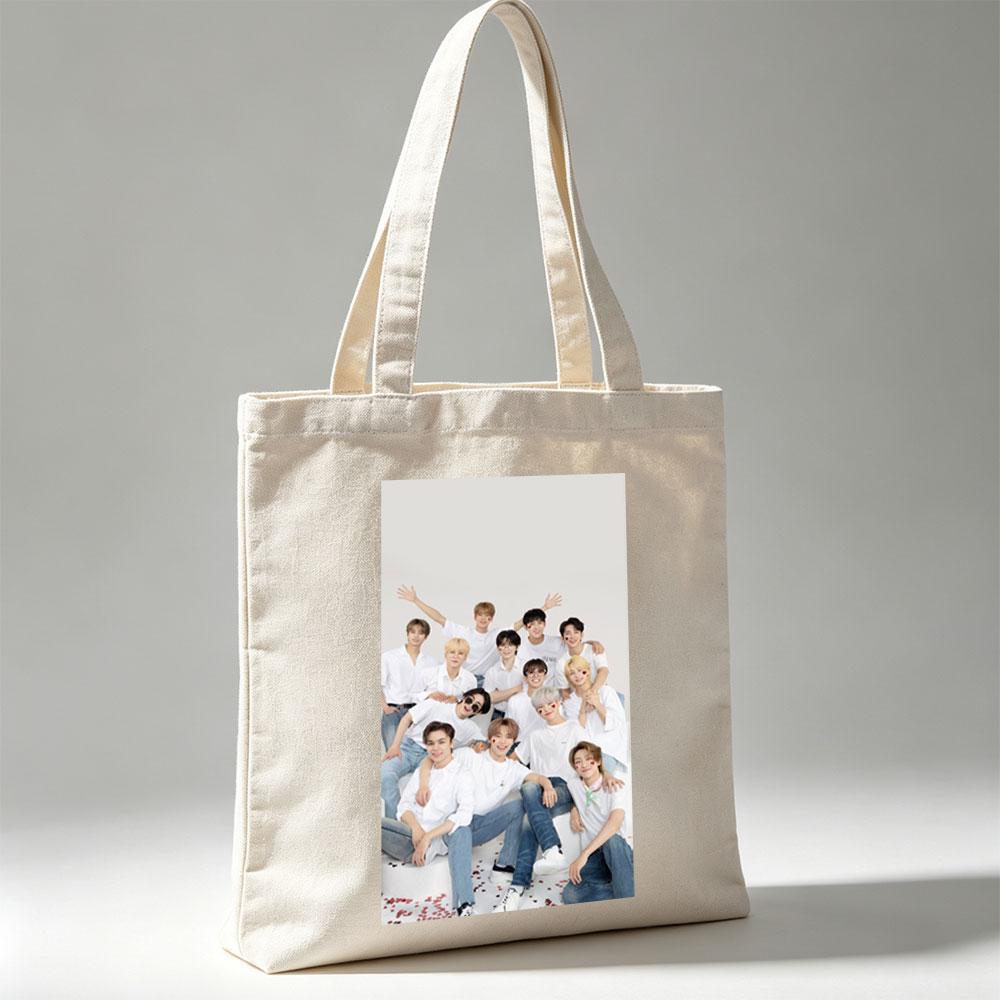 SEVENTEEN Group Photo in White Outfits with Playful Poses and Red Heart Details - Canvas tote bags