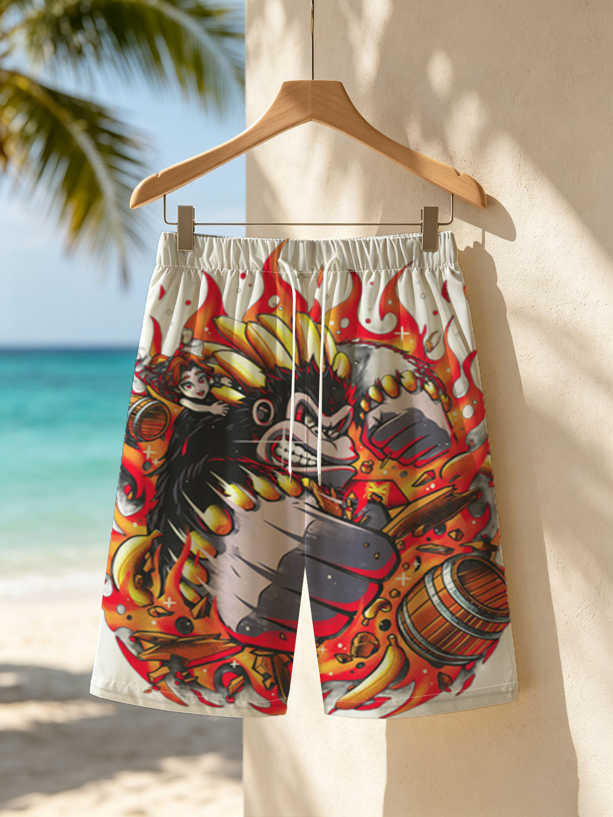 Donkey Kong and Diddy Kong in Fiery Action with Bananas and Barrels -  Beach shorts