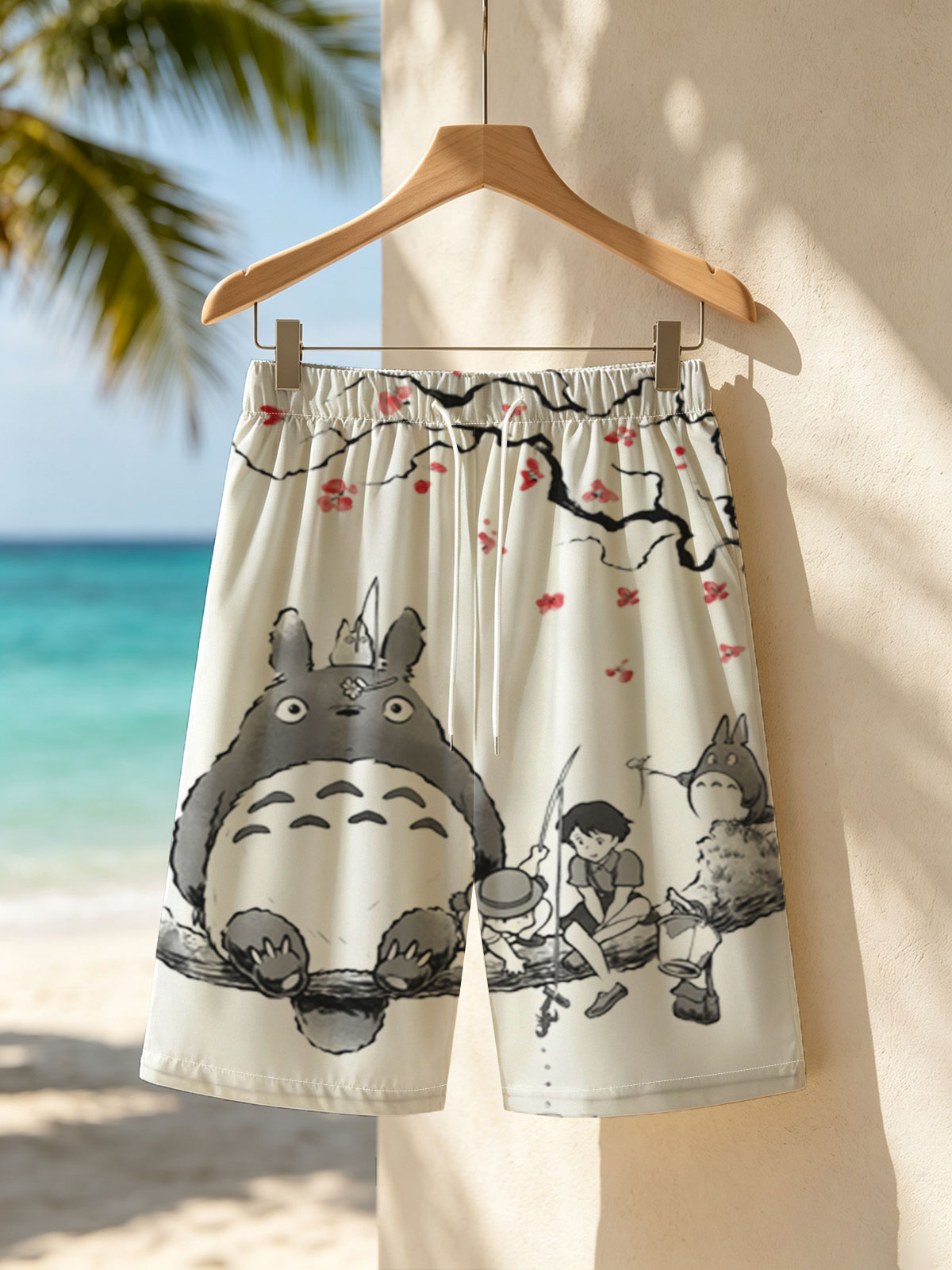 Totoro, Mei, and Satsuki Fishing Under Cherry Blossoms -  Beach shorts