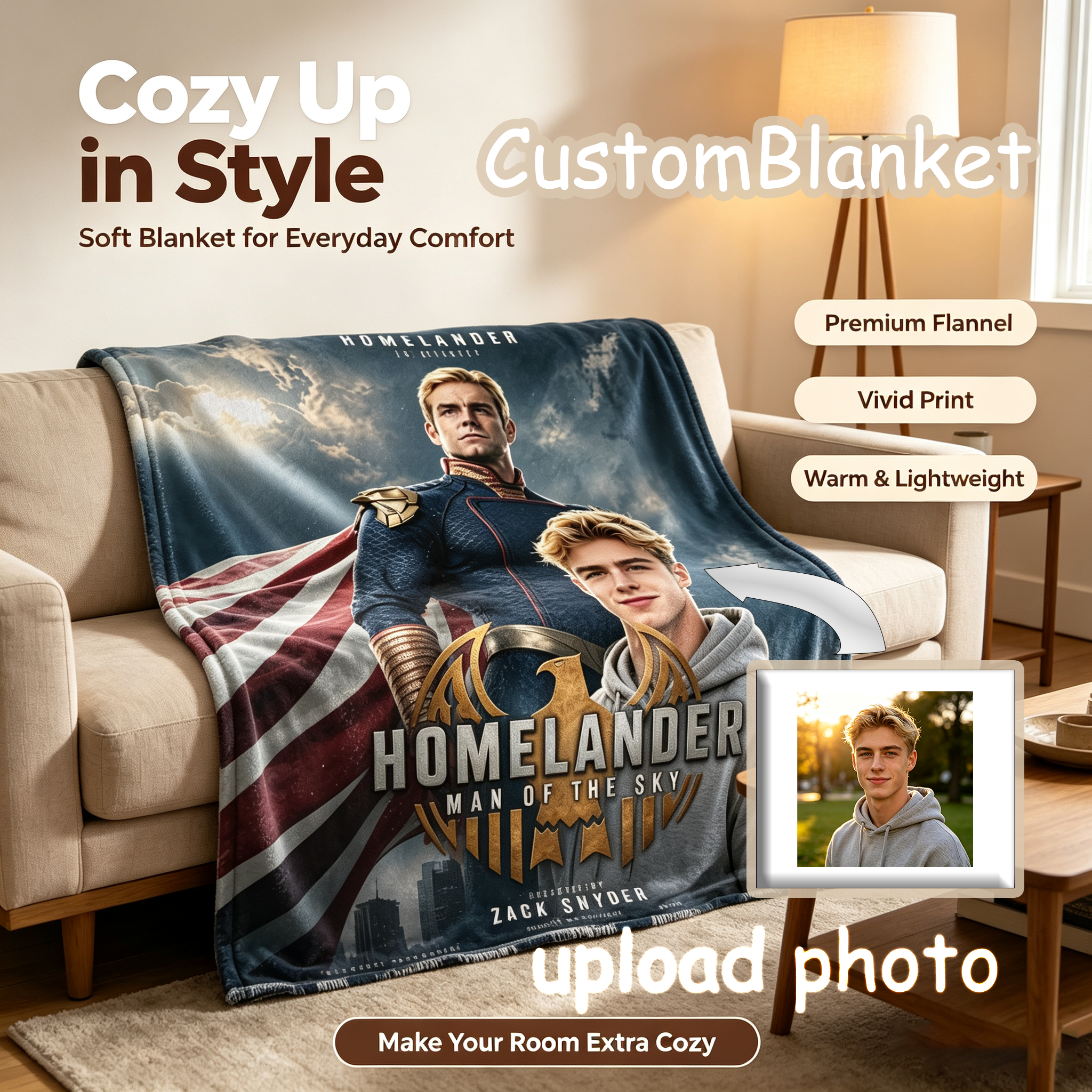 Custom Face Blanket Homelander Man of the Sky Flannel Blanket Superhero Fan Gift for Teens and Adults Perfect for Couch, Bed, or Movie Night Giveaway