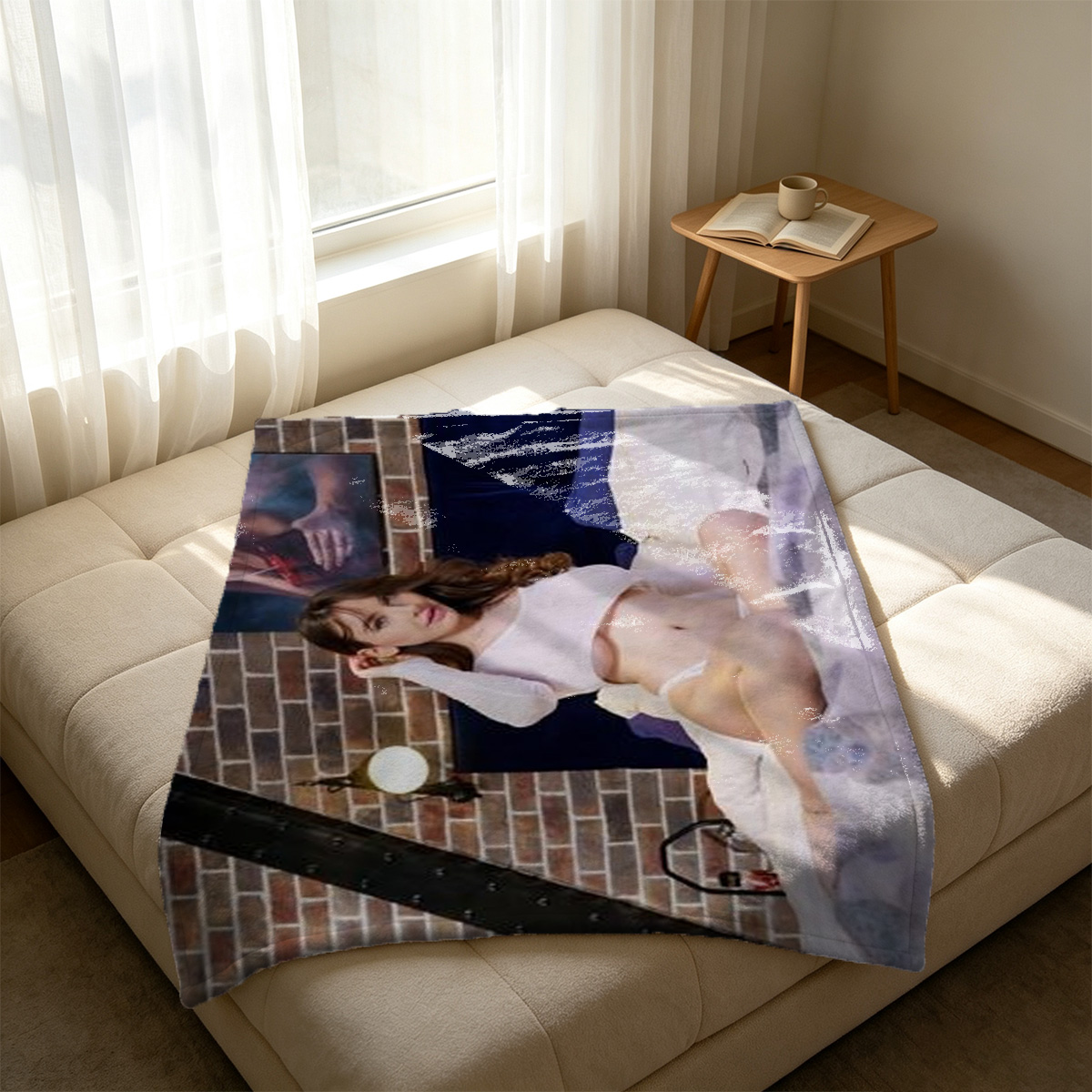A woman in a brown lingerie set posing elegantly in a modern luxury interior. - Blanket