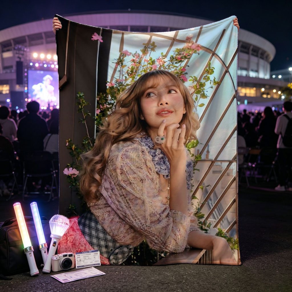 Lisa Blackpink Balcony Portrait with Floral Background and Stylish Outfit - Blankets