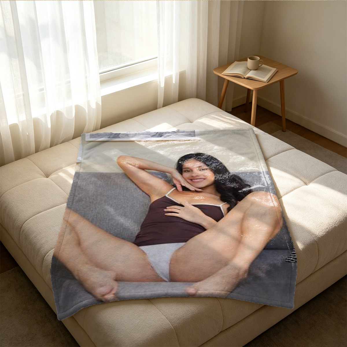 Elegant Asian Model in Navy Blue Bikini Posing Seductively Against Wooden Wall - Blanket