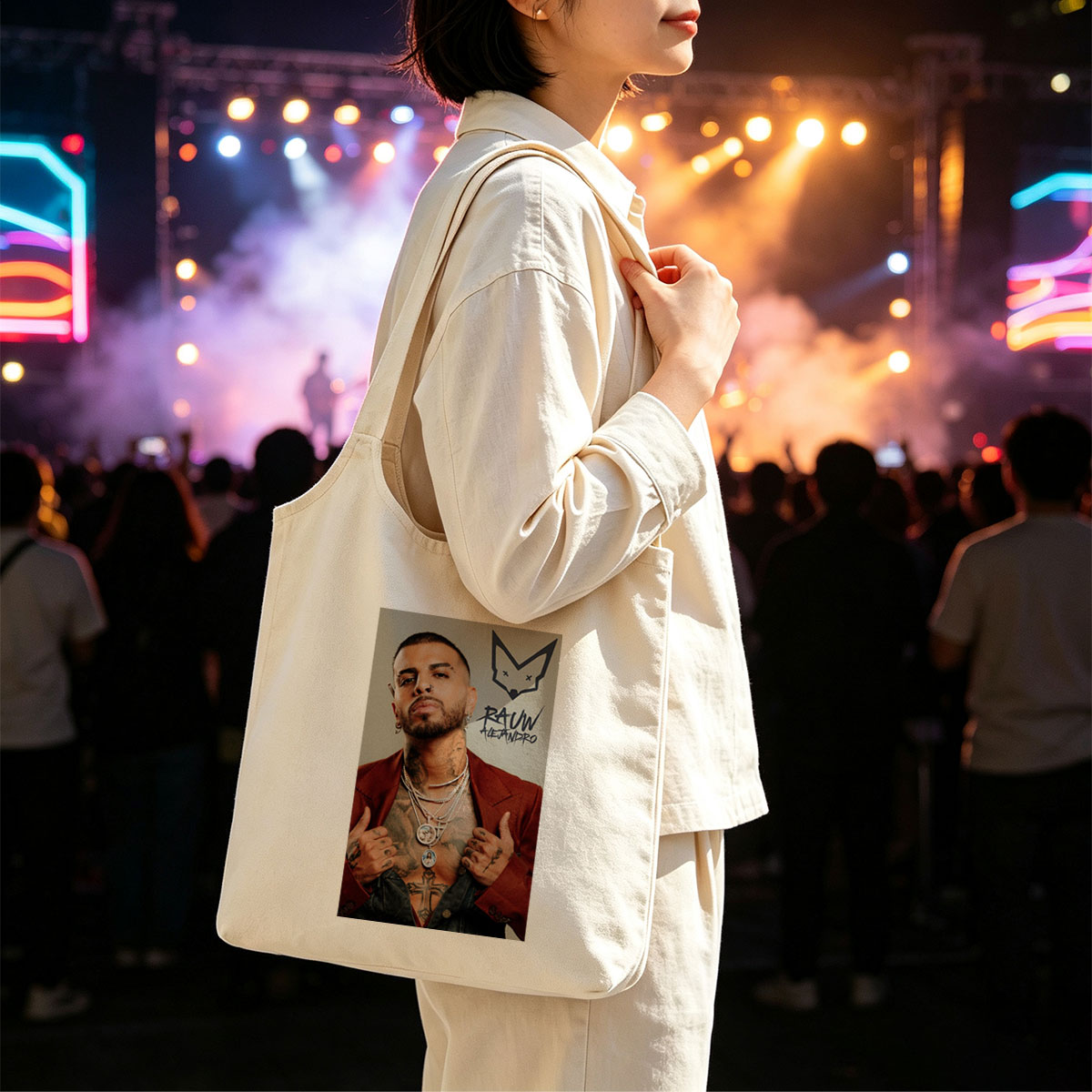 Rauw Alejandro Pose with Tattooed Chest and Multiple Necklaces in Red Blazer - Canvas shoulder bags/