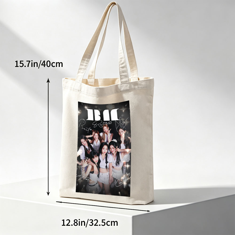 BABYMONSTER Group Photo with Members in Coordinated Outfits and Signatures on a Sparkling Background - Canvas tote bags