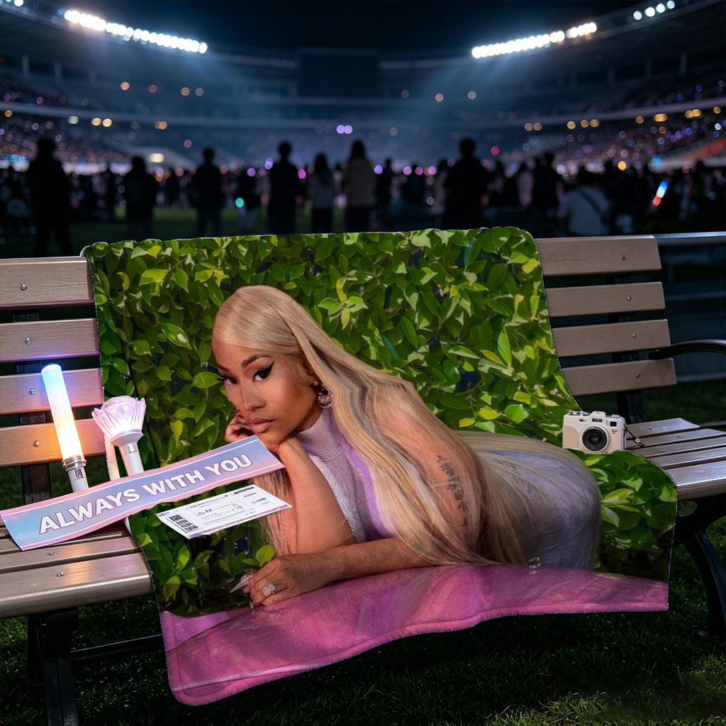 Nicki Minaj Leaning on Pink Car in Front of Green Hedge Wall - Blankets