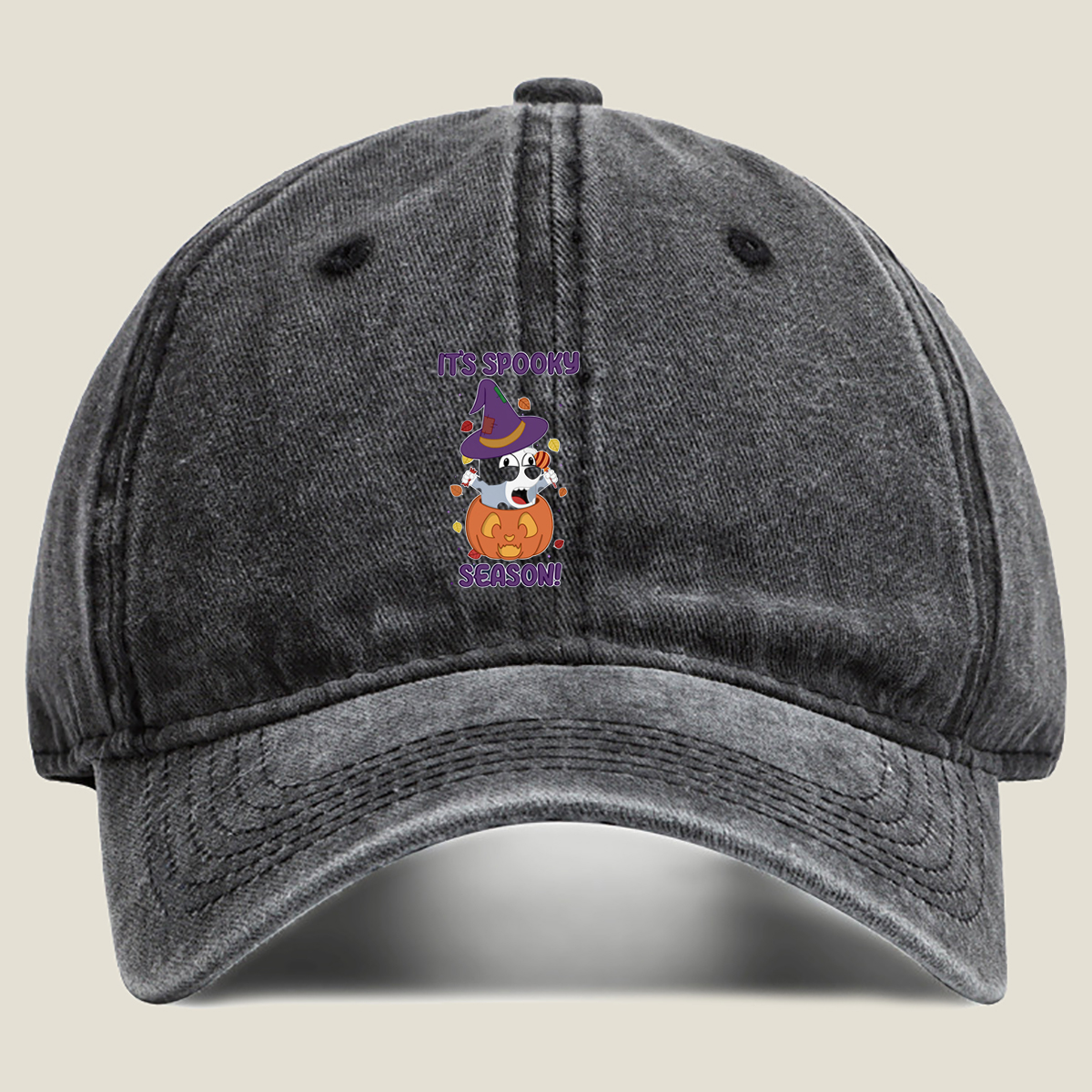 It's Spooky Season! - Dog in Witch Hat and Pumpkin - Washed Denim - Baseball Cap