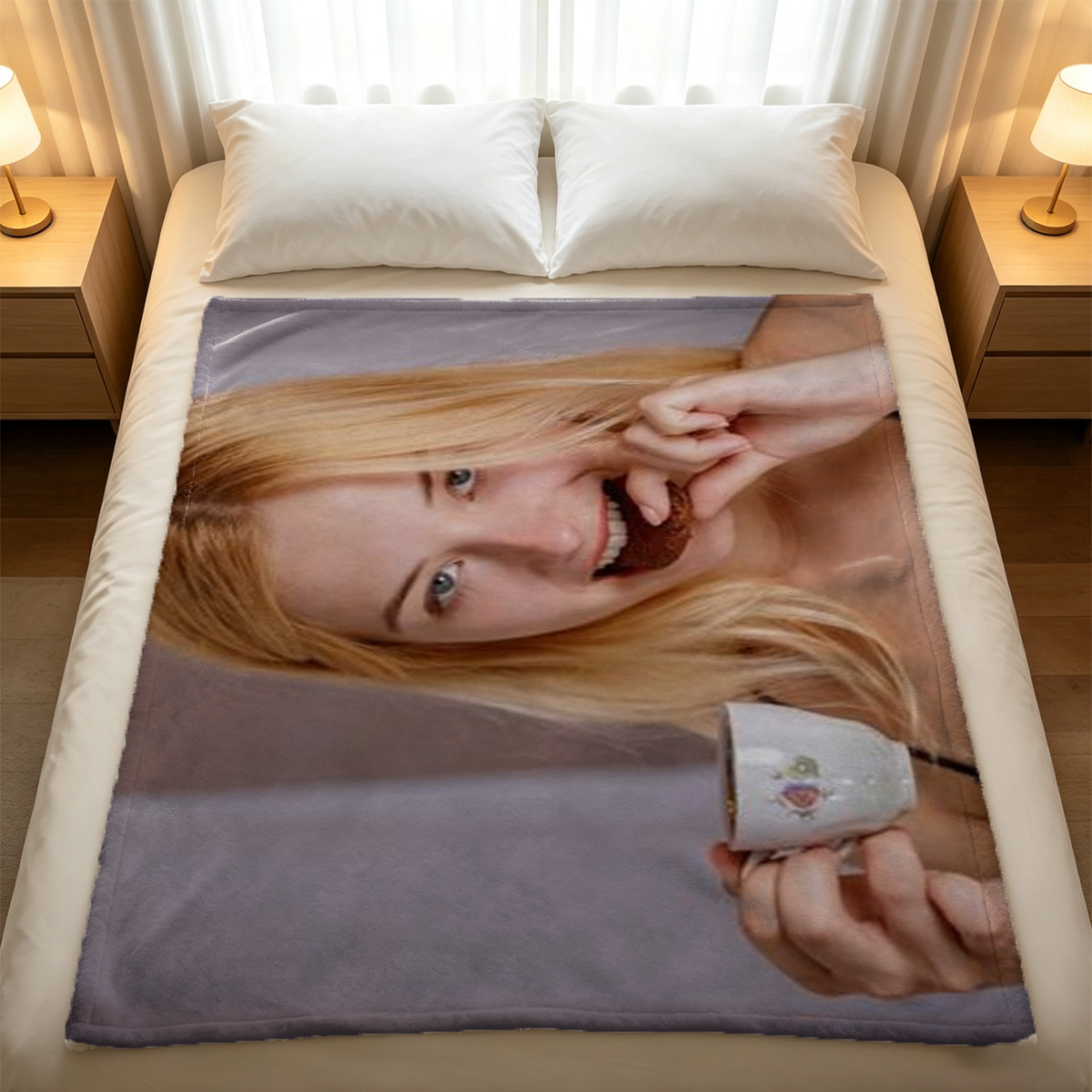 Two Japanese models in lingerie on bed, one in red gloves and garter, the other in black lingerie and stockings. - Blanket