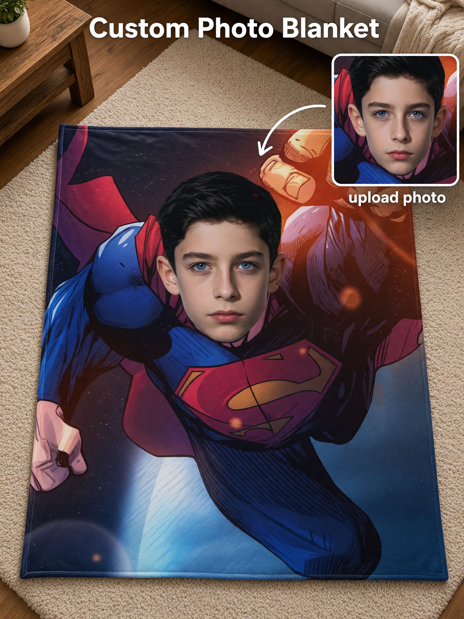 Custom Face Blanket Personalized Superhero Comic Flannel Throw Soft Warm Plush Fleece Ideal Gift for Kids and Boys