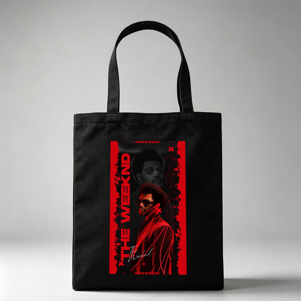 The Weeknd Dark Red Aesthetic Portrait with Bold Typography and Dramatic Lighting - Canvas tote bags