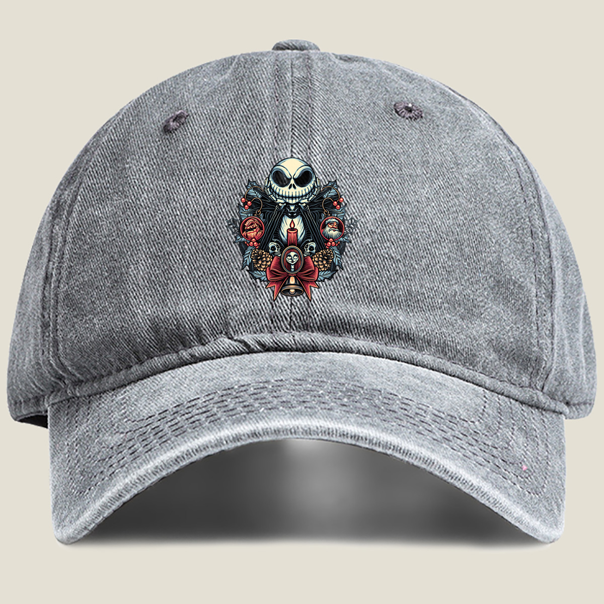 The Nightmare Before Christmas: Jack Skellington, Sally, and Santa Ornaments - Washed Denim - Baseball Cap