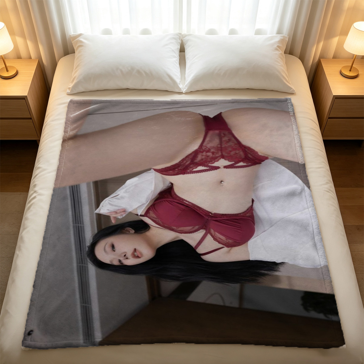 A woman in a white fishnet bodysuit and thigh-high stockings posing with a katana. - Blanket