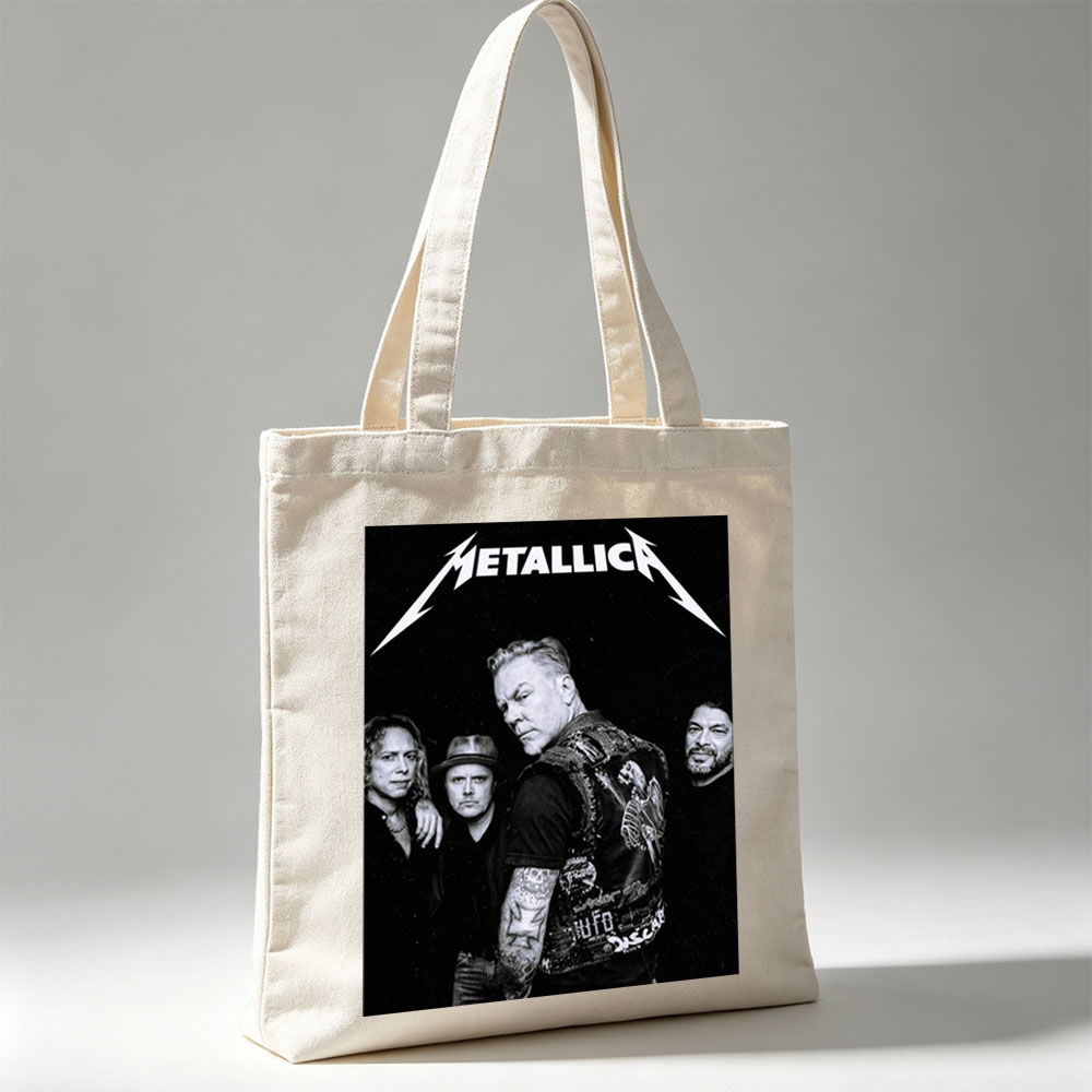 Metallica Band Members in Black and White Portrait with Iconic Logo - Canvas tote bags