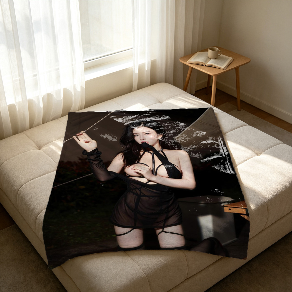 Nude Japanese AV idol with short bob haircut and black boots sitting on leather pouf - Blanket