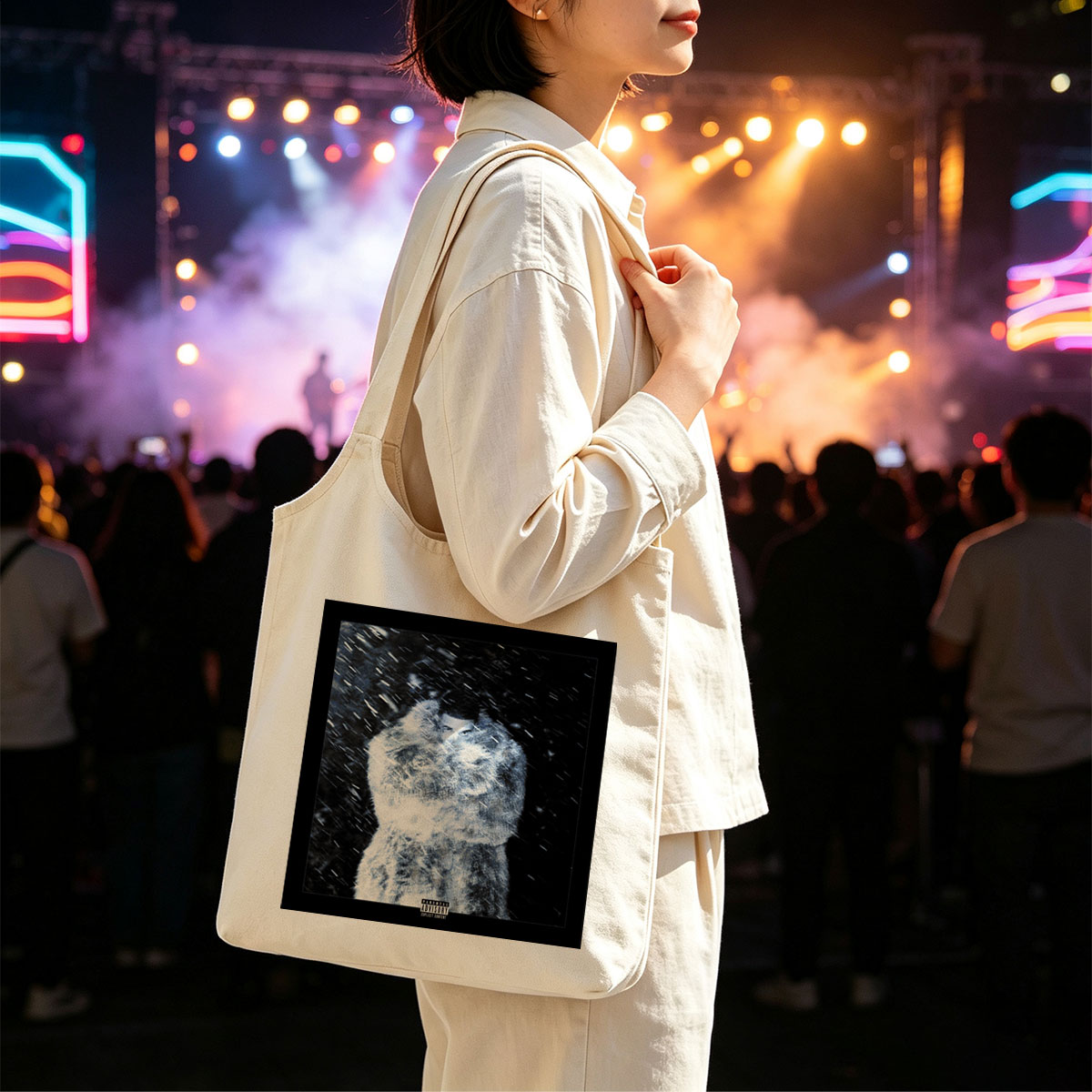 The Weeknd in Snowstorm - Artist Wrapped in Fur Coat Amid Heavy Snowfall - Canvas shoulder bags/