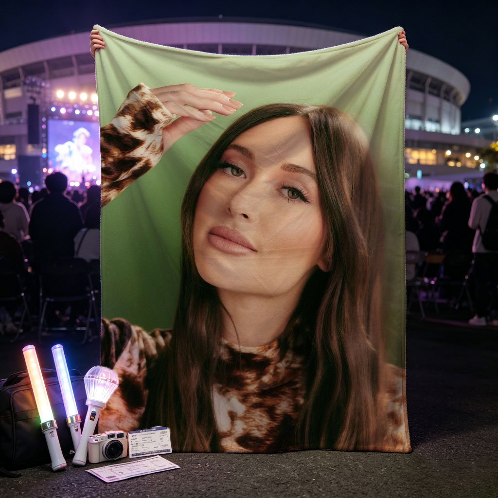 Olivia Rodrigo in a Fashion Portrait Wearing a Leopard Print Top Against a Green Background - Blankets
