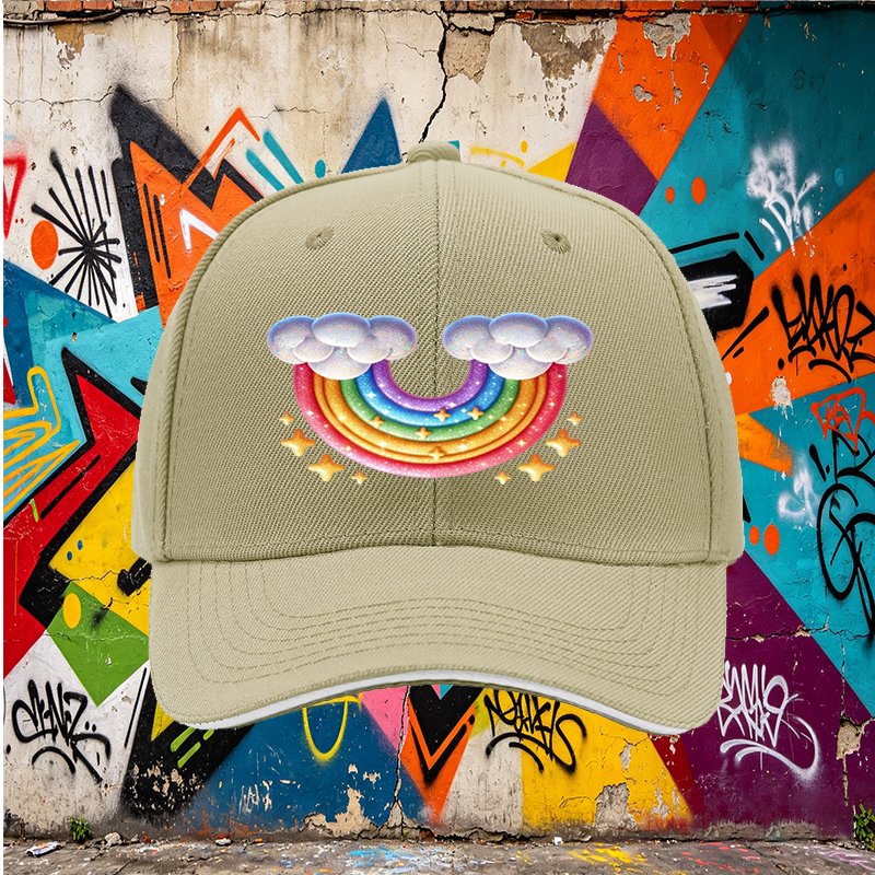 Unisex Classic Sandwich Hat with Rainbow and Cloud Print - Perfect for Outdoor Activities, Festivals, and Casual Wear - Ideal for Adults and Teens Seeking Fun, Colorful Headwear