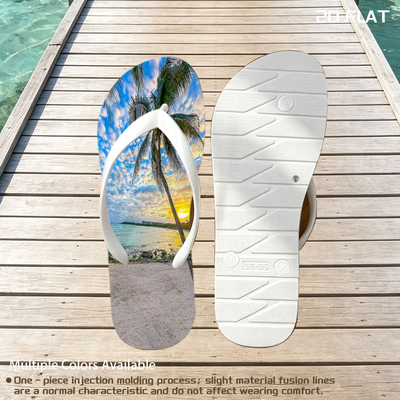 Tropical beach at sunset with palm tree and calm sea -  flip-flops