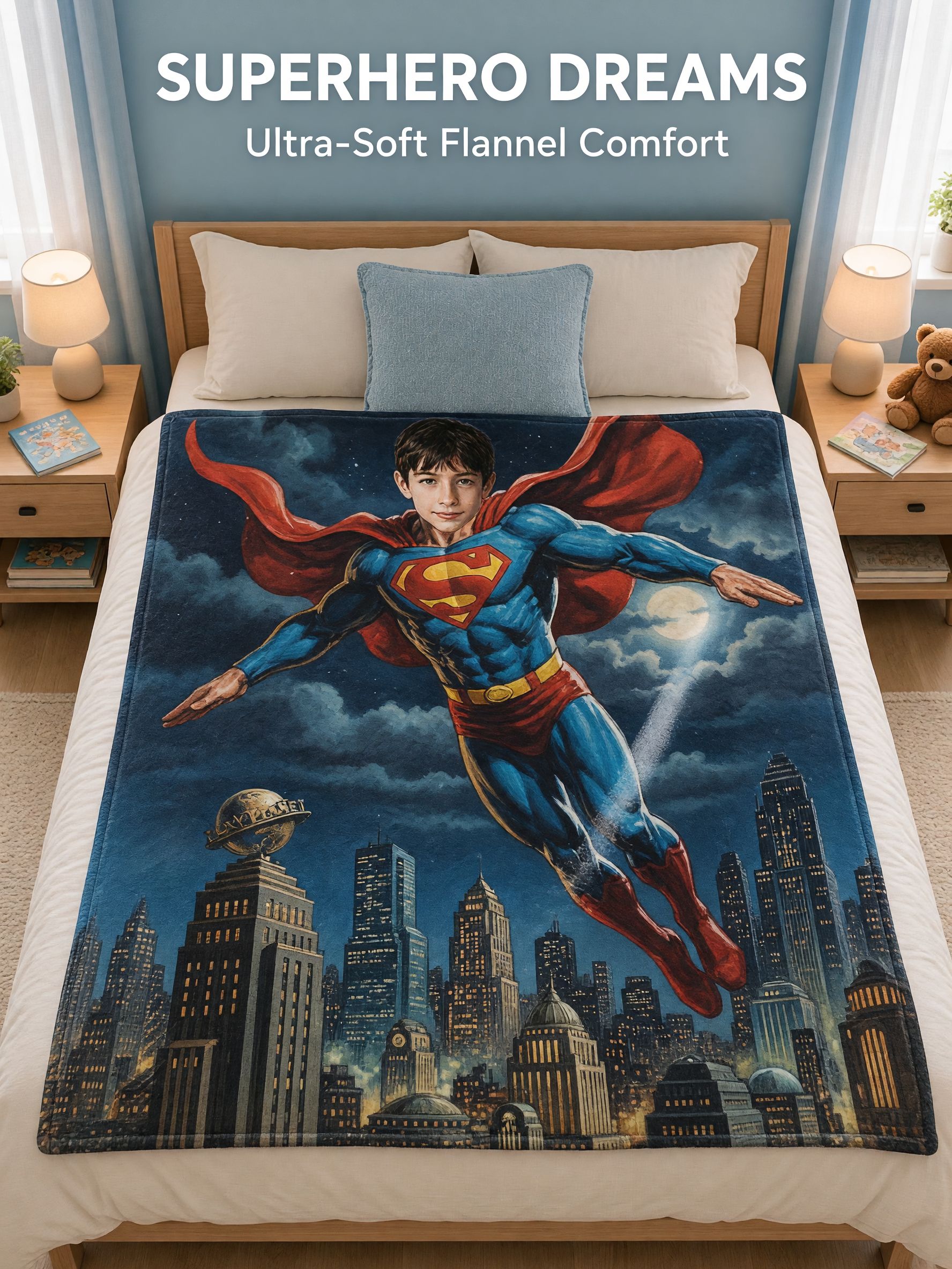 Custom Superhero Face Photo Flannel Throw Blanket, Personalized Ultra Soft Cozy Fleece for Couch, Bed and Birthday Gift