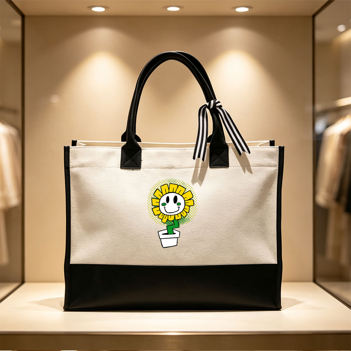 Sunflower Character in Pot with Smiling Face - Canvas patchwork gift tote bag