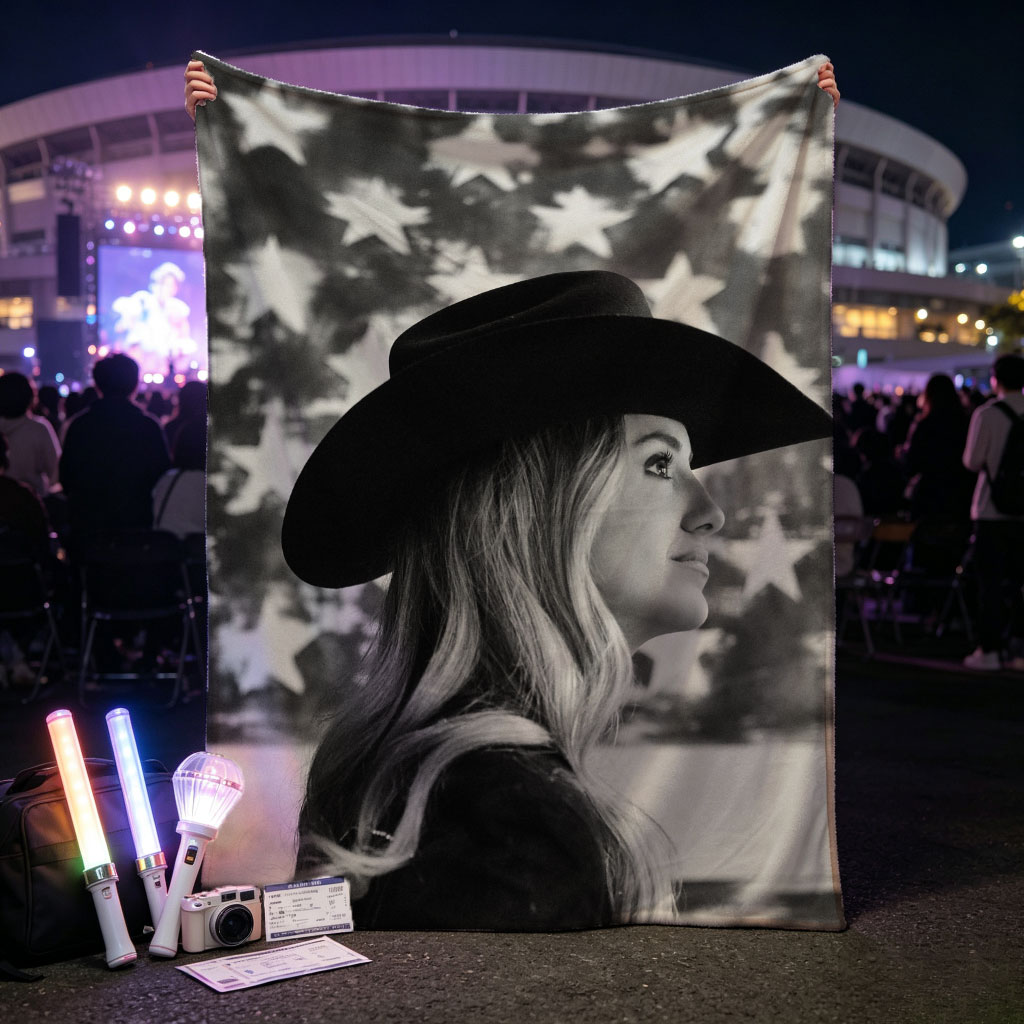 Carrie Underwood in Cowboy Hat with American Flag Background – Black and White Portrait - Blankets
