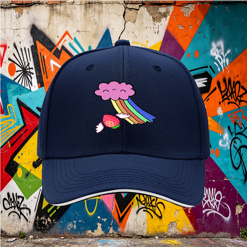 Unisex Classic Sandwich Hat with Strawberry Wings and Rainbow Cloud Print | Perfect for Casual Outings, Festivals, and Everyday Wear | Ideal for Teens and Adults Seeking Fun, Colorful Headwear
