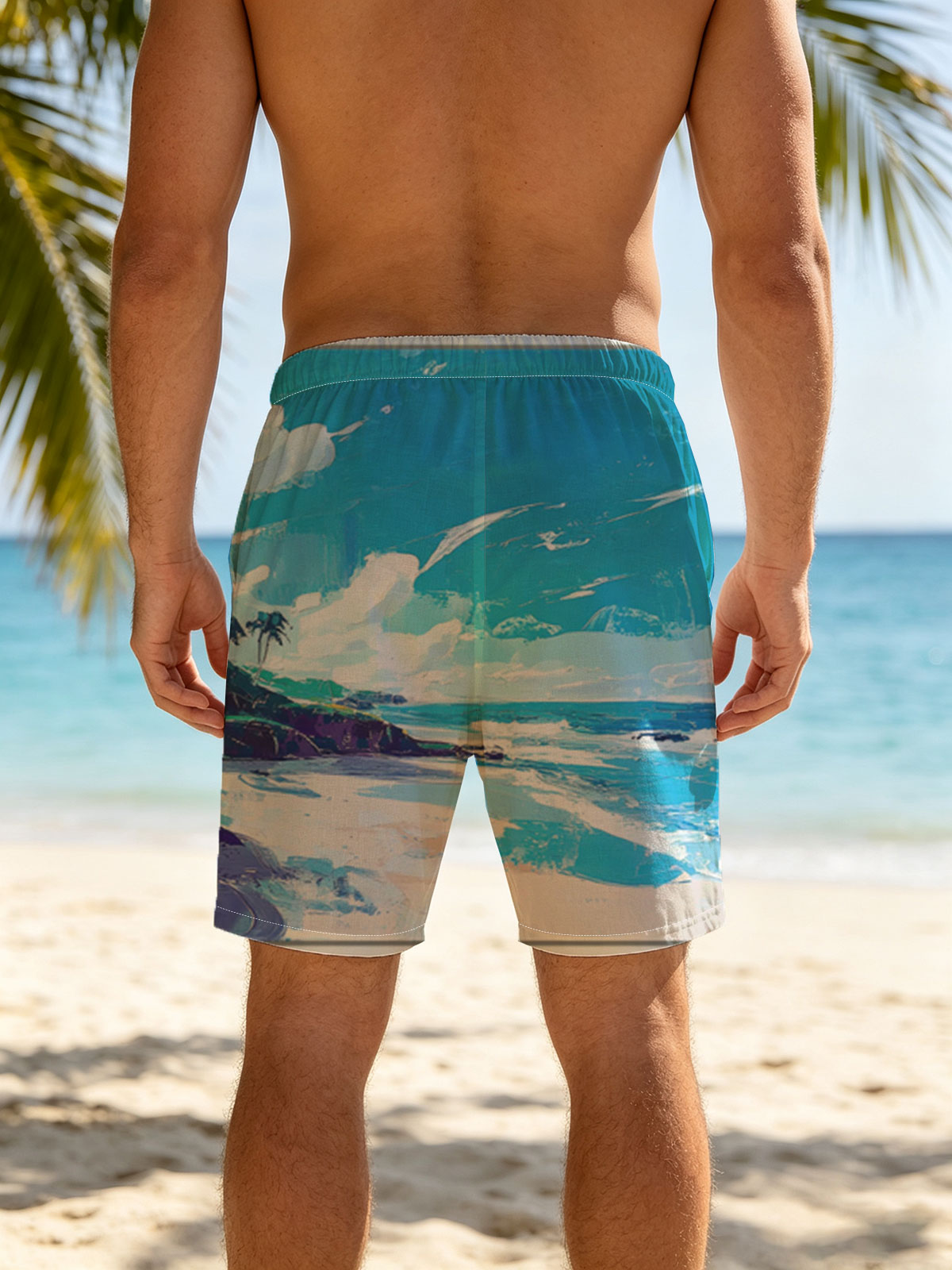 Tropical Beach with Palm Trees and Blue Sky -  Beach shorts