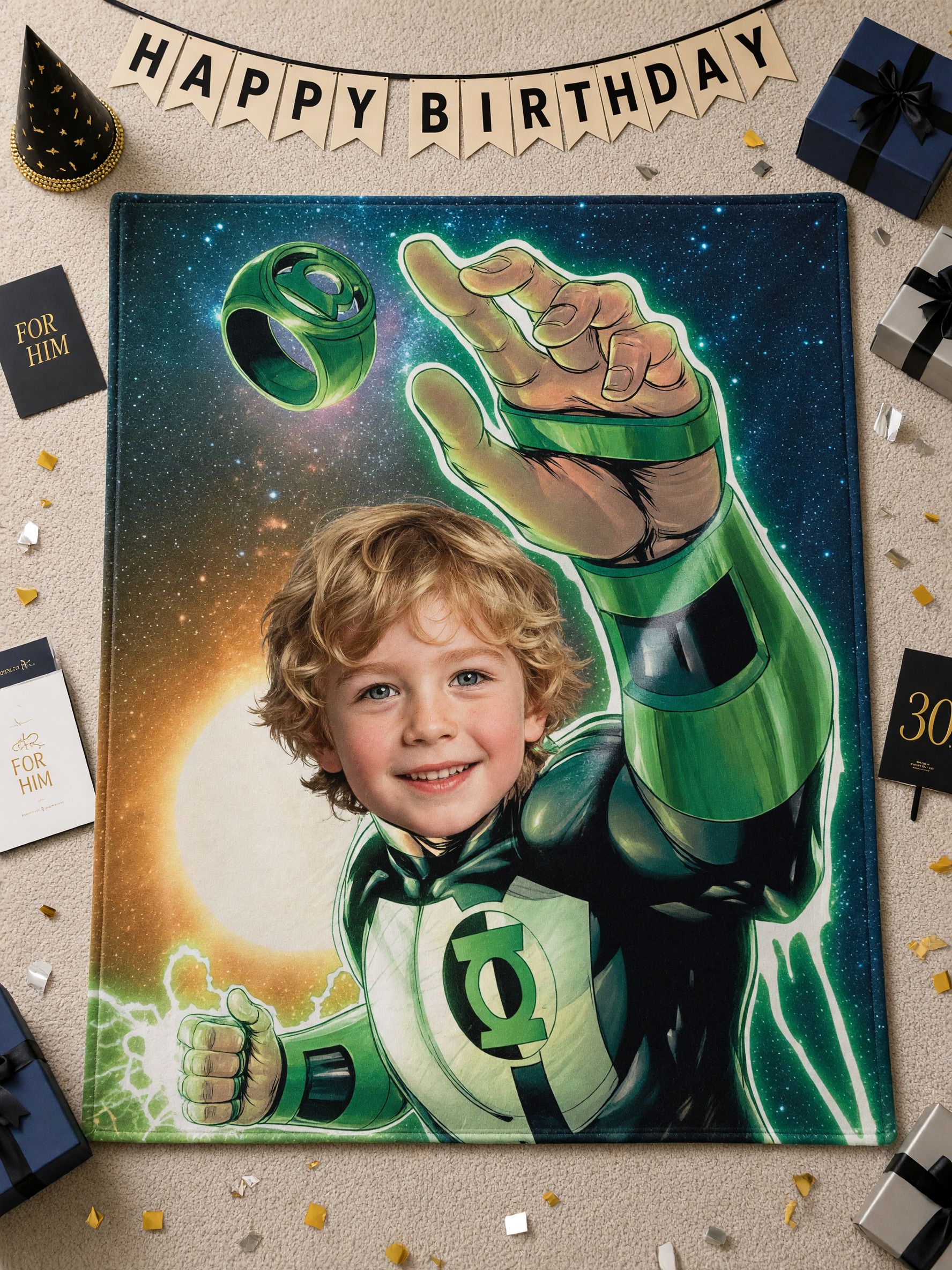 Custom Face Flannel Blanket Personalized Green Space Hero Avatar Throw Ultra-Soft Anti-Pilling Cozy Gift for Kids and