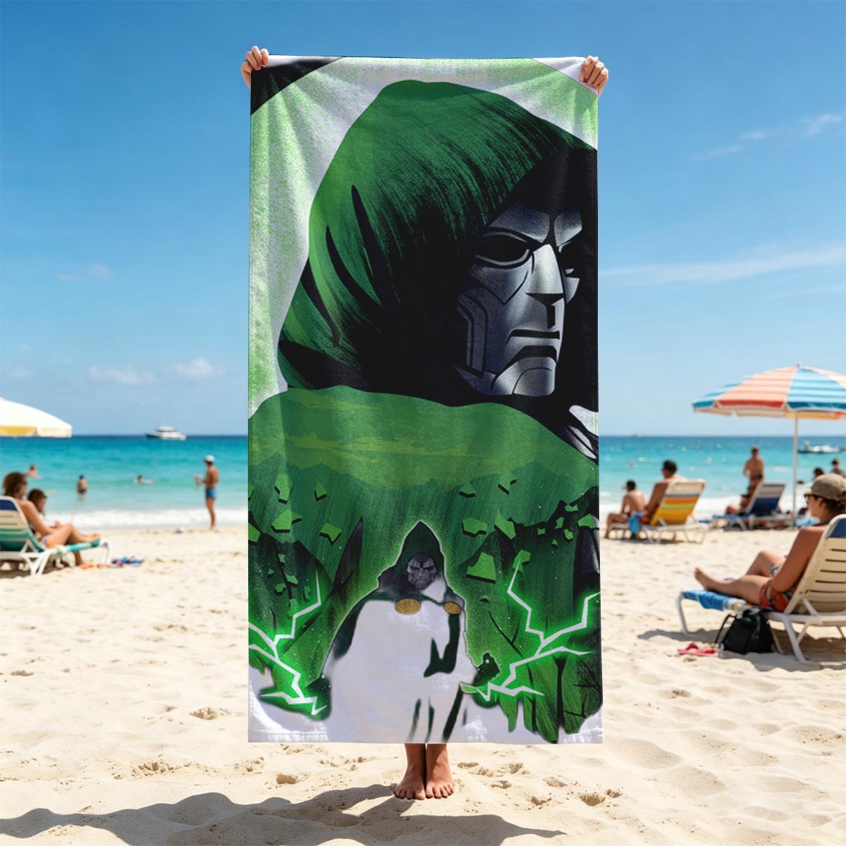 Doctor Doom and Doctor Strange in a mystical confrontation, green energy crackling between them against a glowing moon backdrop. - Beach towels