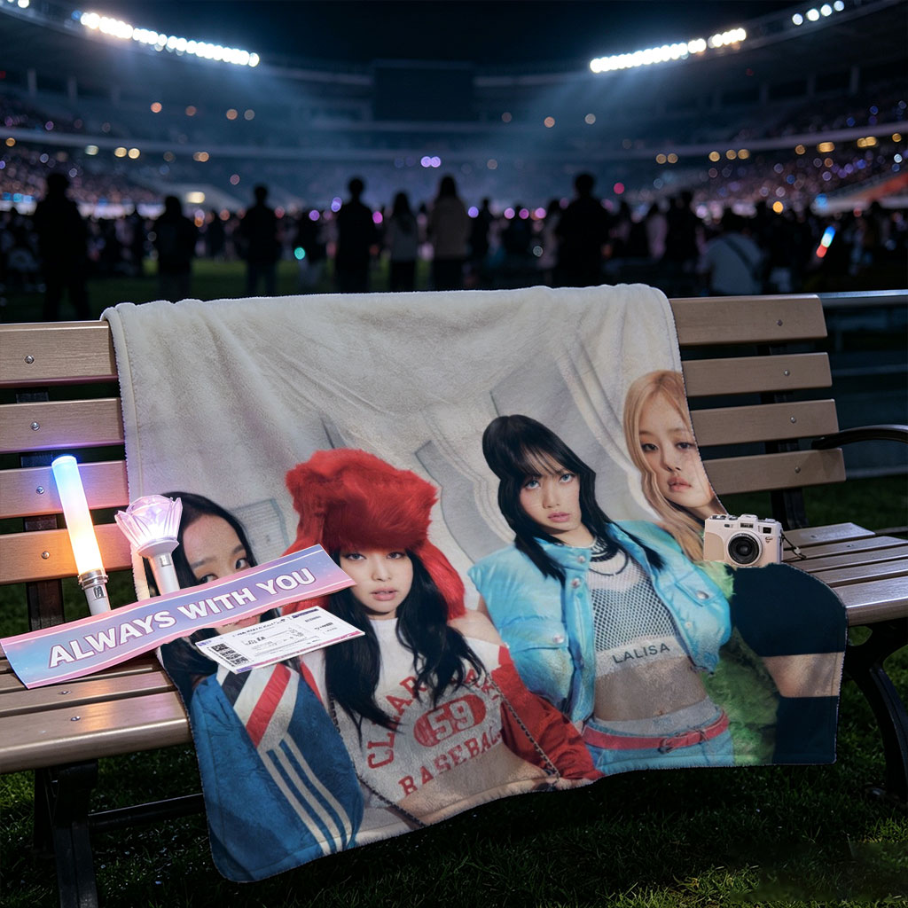 BLACKPINK in a stylish group photo wearing trendy outfits and posing confidently indoors - Blankets