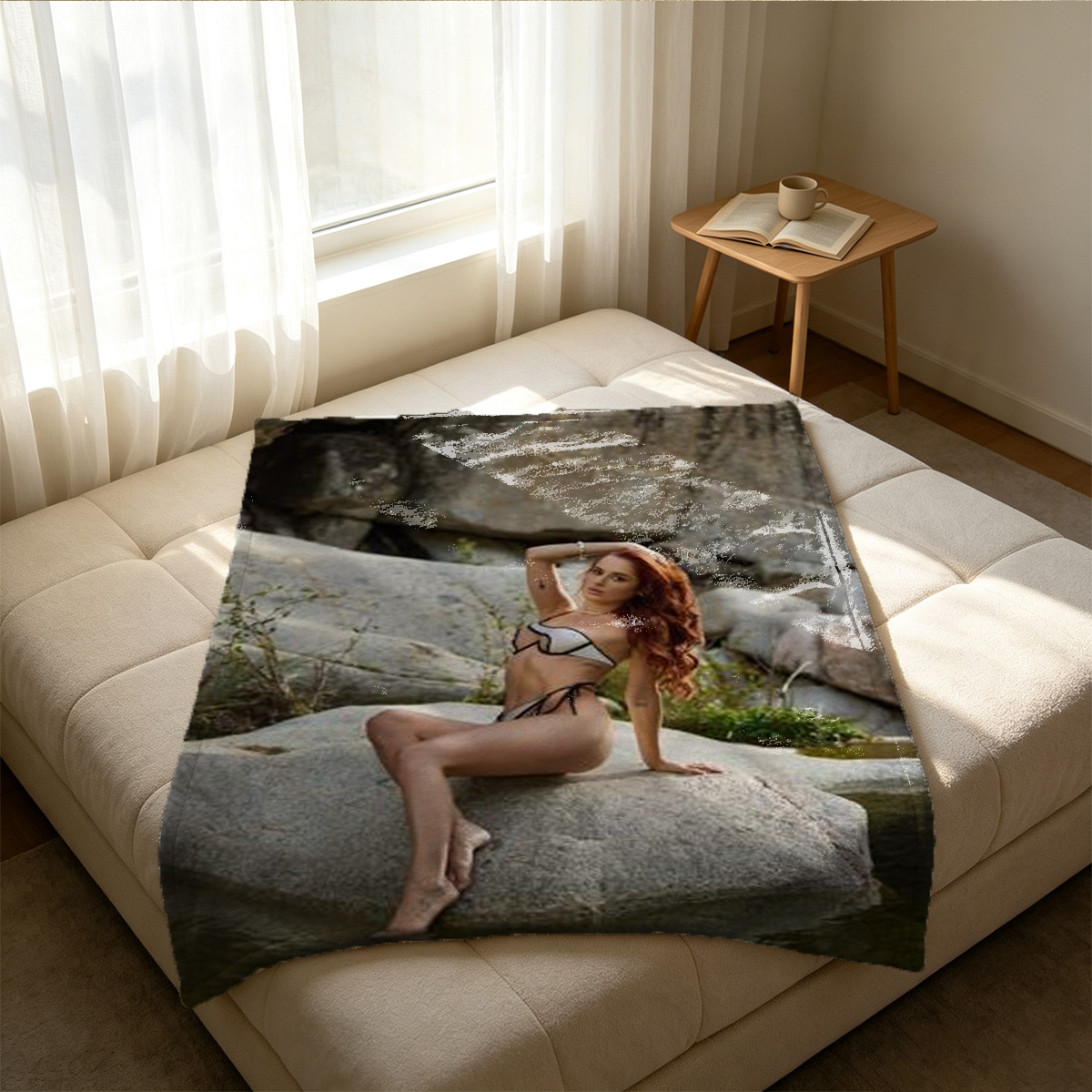 Nude Asian beauty in red high heels posing seductively on armchair - Blanket